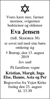 Dødsannoncen for Eva Jensen - Vejen