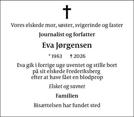 Dødsannoncen for Eva J&oslash;rgensen - Frederiksberg