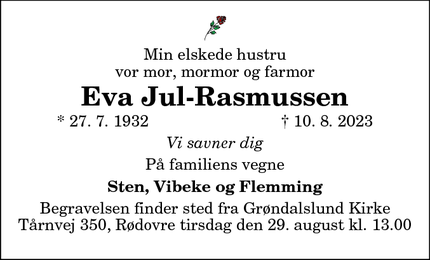 Dødsannoncen for Eva Jul-Rasmussen - Rødovre (men har boet i Hobro)