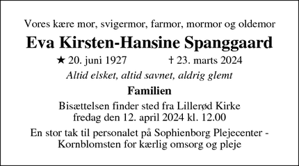 Dødsannoncen for Eva Kirsten-Hansine Spanggaard - Allerød