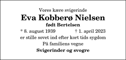 Dødsannoncen for Eva Kobberø Nielsen - Snedsted