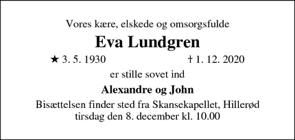Dødsannoncen for Eva Lundgren - København SV