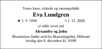 Dødsannoncen for Eva Lundgren - København SV