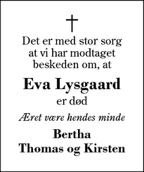 Dødsannoncen for Eva Lysgaard - Herning