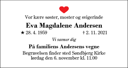 Dødsannoncen for Eva Magdalene Andersen - Simmelkær