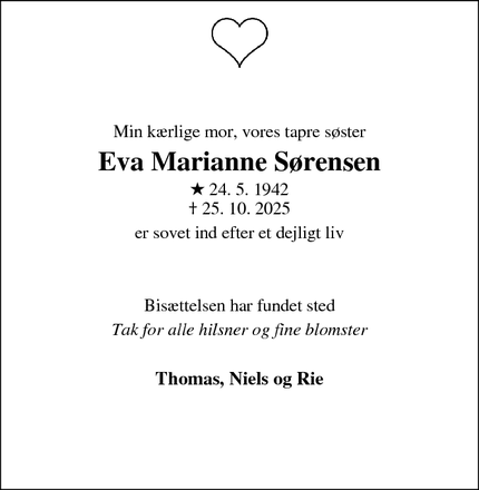 Dødsannoncen for Eva Marianne S&oslash;rensen - Svogerslev 