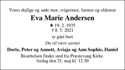 Dødsannoncen for Eva Marie Andersen - Hillerød