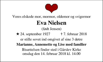 Dødsannoncen for Eva Nielsen - Egeskov Fredericia