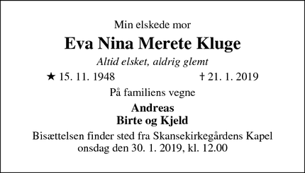 Dødsannoncen for Eva Nina Merete Kluge - Hillerød