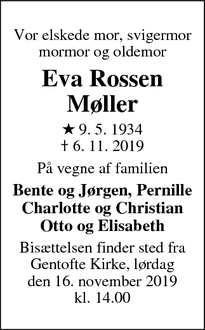Dødsannoncen for Eva Rossen Møller - Gentofte