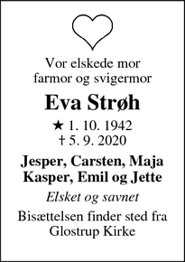 Dødsannoncen for Eva Strøh - Glostrup