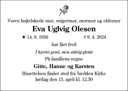 Dødsannoncen for Eva Uglvig Olesen - Esbjerg