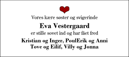 Dødsannoncen for Eva Vestergaard - Ikast