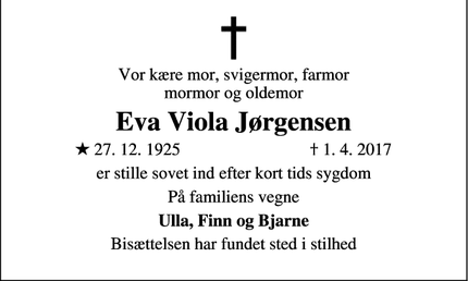 Dødsannoncen for Eva Viola Jørgensen - Roskilde