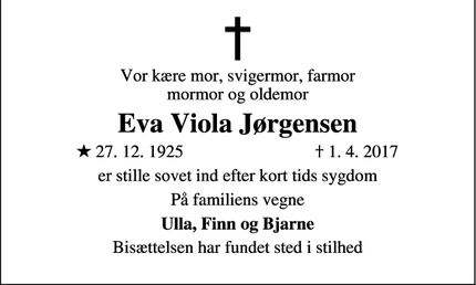 Dødsannoncen for Eva Viola Jørgensen - Roskilde