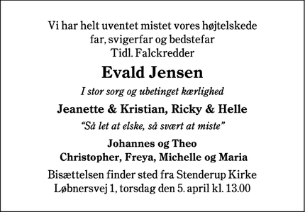 Dødsannoncen for Evald Jensen - Kolding - Vejen