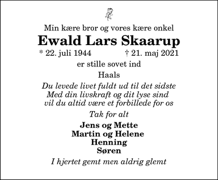 Dødsannoncen for Ewald Lars Skaarup - Haals