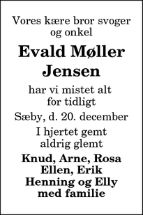 Dødsannoncen for Evald Møller Jensen - Sæby