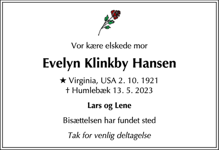Dødsannoncen for Evelyn Klinkby Hansen - Hundested