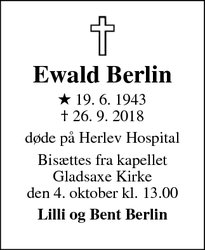 Dødsannoncen for Ewald Berlin - Bagsværd 