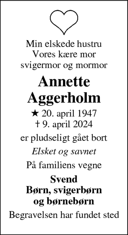 Dødsannonce – Annette Aggerholm - Vodskov | Dødsannoncer.dk