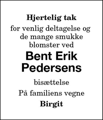 Dødsannonce Bent Erik Pedersen 4895 Errindlev Dødsannoncer.dk