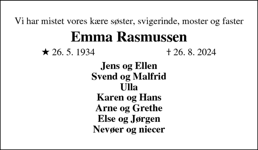 Dødsannonce – Emma Rasmussen - Ikast | Dødsannoncer.dk