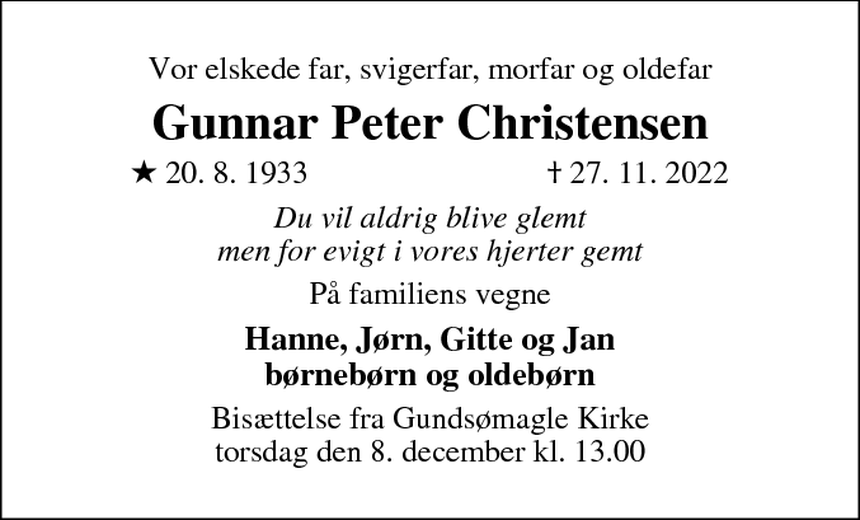 Dødsannonce – Gunnar Peter Christensen - Gundsømagle | Dødsannoncer.dk