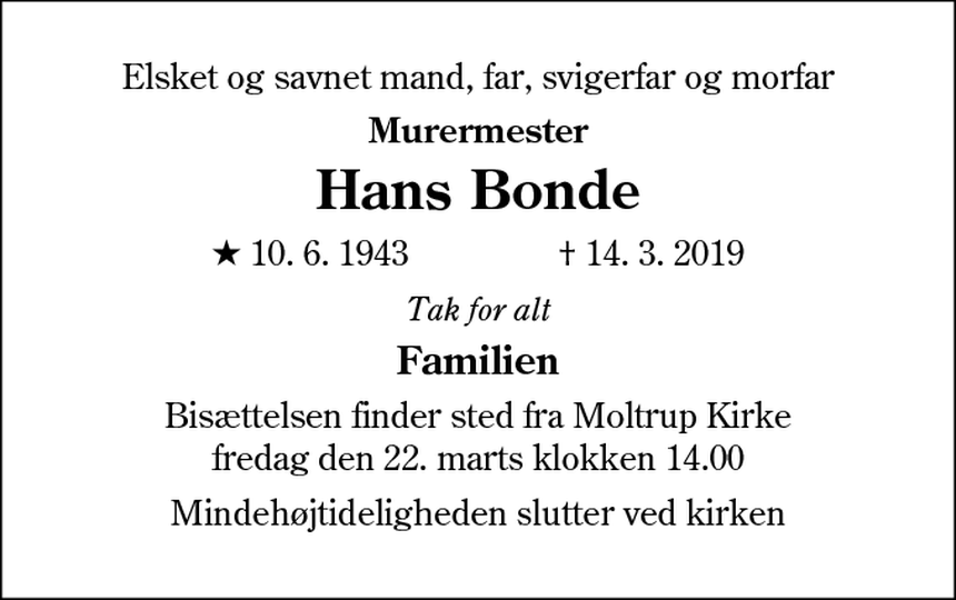dannelse Låne legation Dødsannonce – Hans Bonde - Haderslev | Dødsannoncer.dk