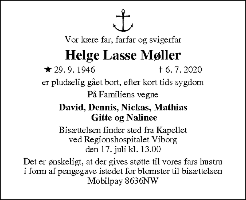 Dødsannonce Helge Lasse Møller Dødsannoncer.dk