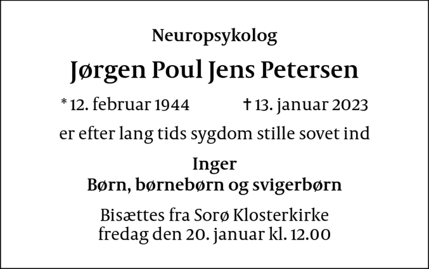 Dødsannonce Jørgen Poul Jens Petersen Sorø Dødsannoncer.dk