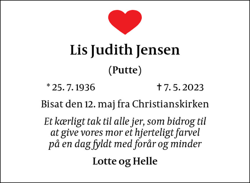 Dødsannonce Lis Judith Jensen Kgs Lyngby Dødsannoncer.dk