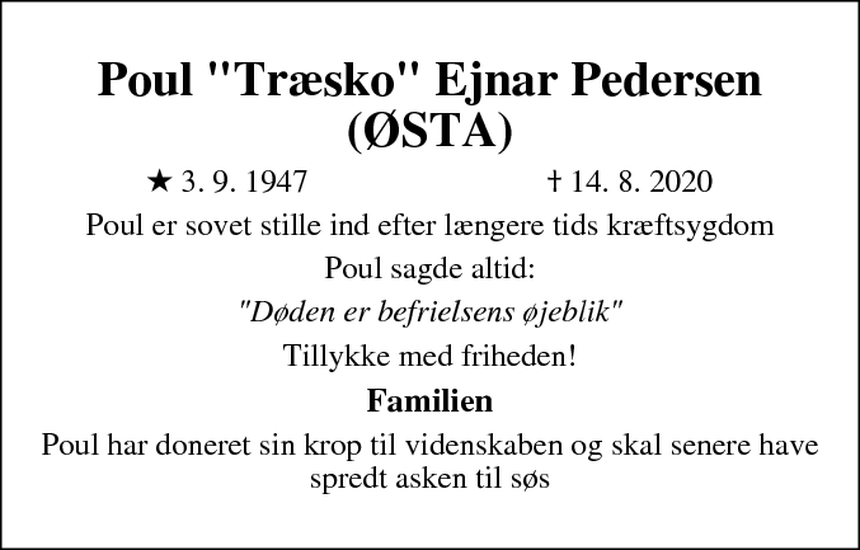 Dødsannonce – Poul "Træsko" Pedersen - Svendborg Dødsannoncer.dk