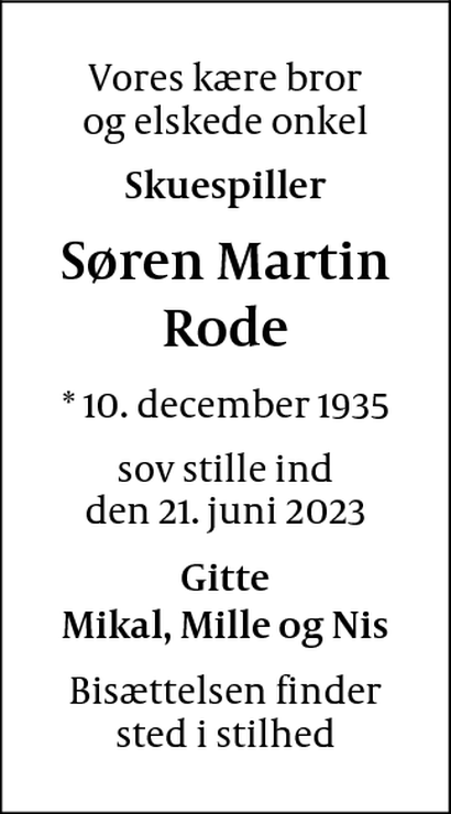 Dødsannonce – Søren Martin Rode - København/Frederiksberg | Dødsannoncer.dk