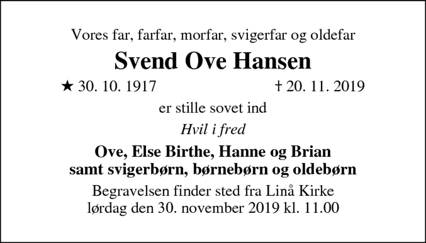 Dødsannonce Svend Ove Hansen Dødsannoncer.dk