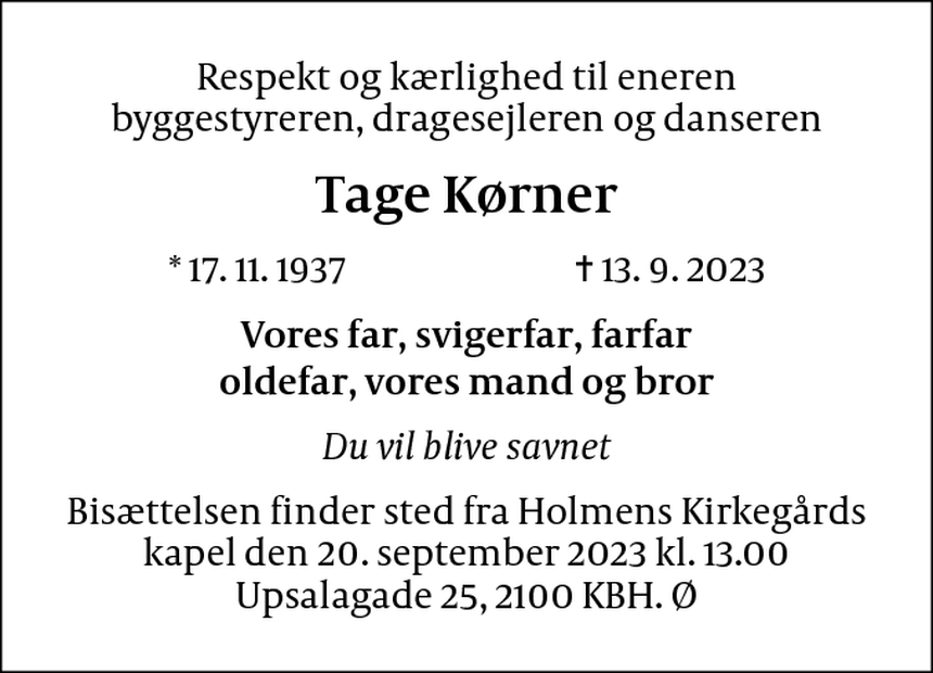 Dødsannonce Tage Kørner Copenhagen NV Dødsannoncer.dk