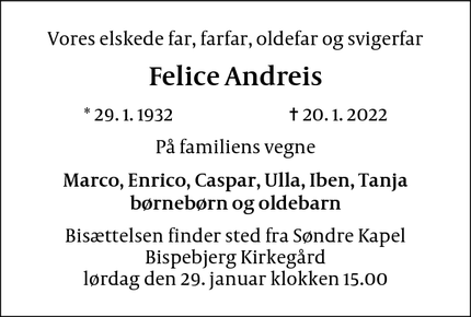 Dødsannoncen for Felice Andreis - Gentofte