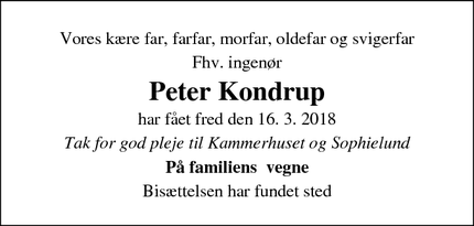 Dødsannoncen for Fhv. Ingeniør Peter Kondrup - Hørsholm
