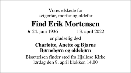 Dødsannoncen for Find Erik Mortensen - Odense s