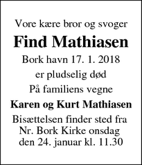 Dødsannoncen for Find Mathiasen - Nørre Bork