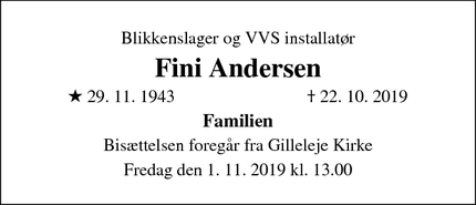 Dødsannoncen for Fini Andersen - Gilleleje