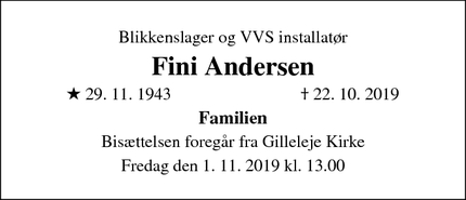 Dødsannoncen for Fini Andersen - Gilleleje