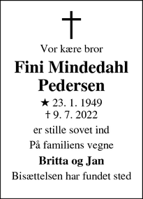 Dødsannoncen for Fini Mindedahl Pedersen - Høruphav