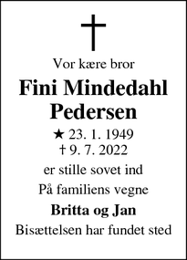 Dødsannoncen for Fini Mindedahl Pedersen - Høruphav
