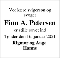 Dødsannoncen for Finn A. Petersen - Tønder