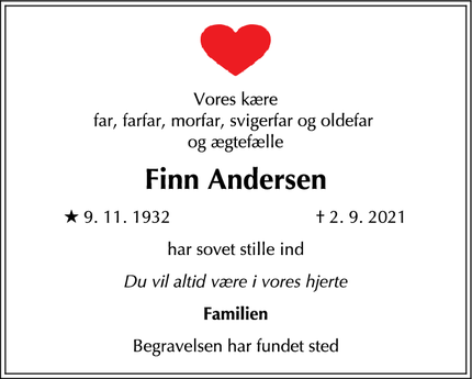 Dødsannoncen for Finn Andersen - Solrød strand