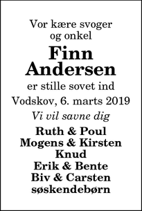 Dødsannoncen for Finn Andersen - Vodskov