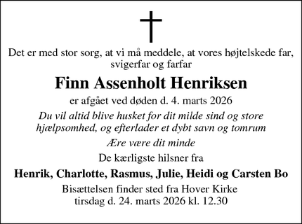 Dødsannoncen for Finn Assenholt Henriksen - 7100 Vejle