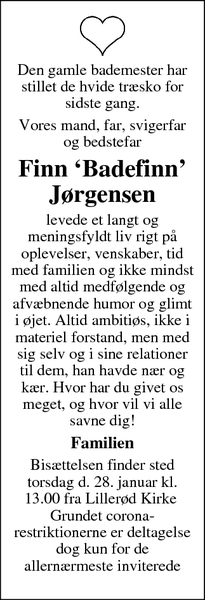 Dødsannoncen for Finn ‘Badefinn’ Jørgensen - Lillerød