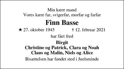 Dødsannoncen for Finn Basse - Juelsminde